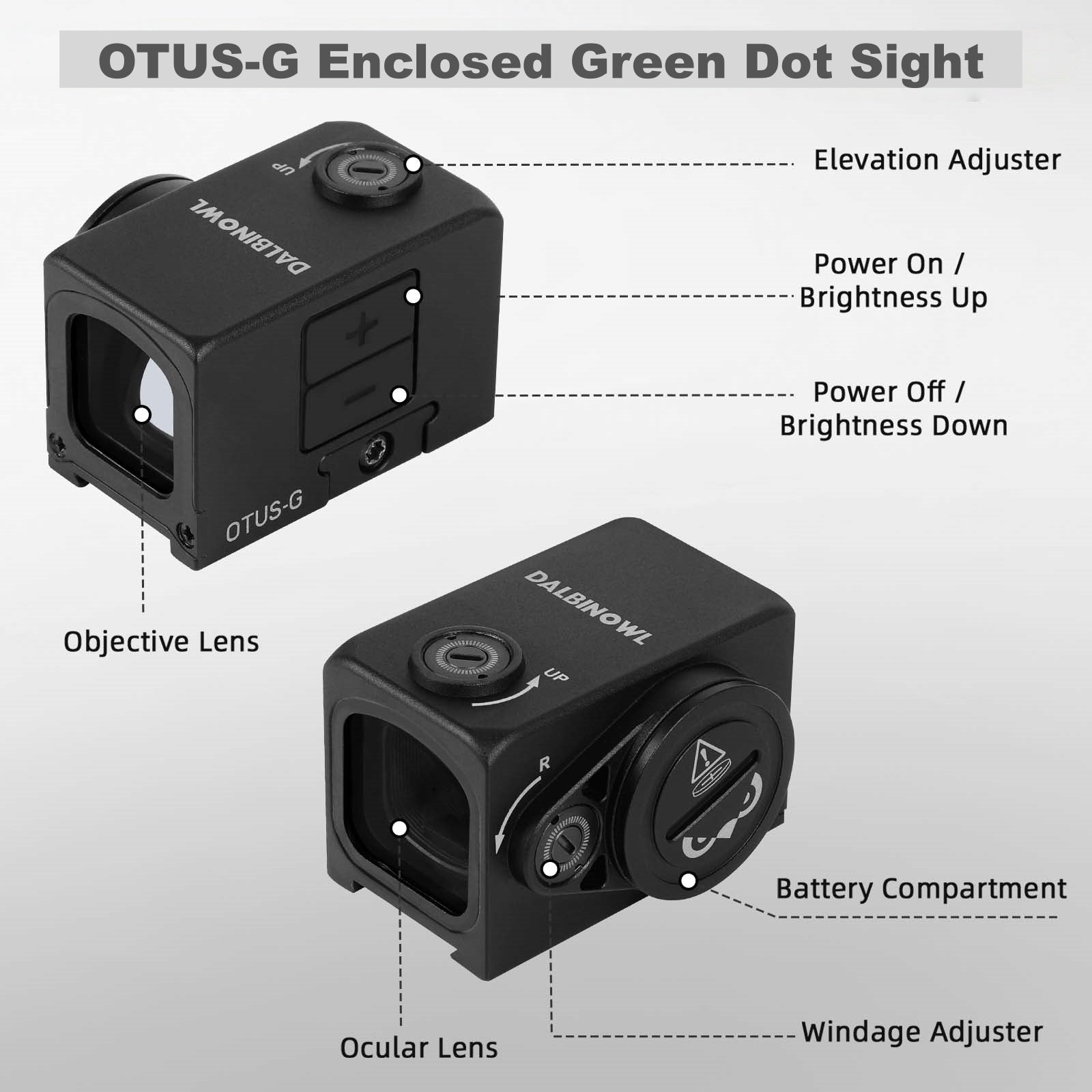 Dalbinowl OTUS - G Enclosed Green Dot Sights for ACRO Footprint - Motion Awake - 3 MOA Closed Emitter Reflex Sight - with Adapter Plates for RMR Footprint & Glock MOS & Picatinny Rails - Dalbinowl Optic