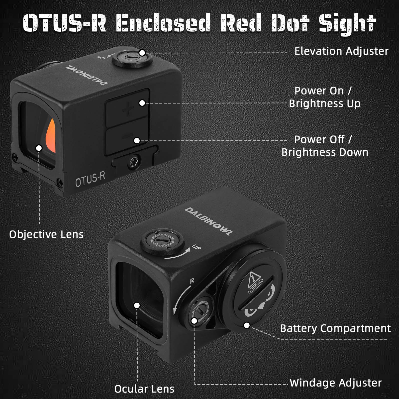 DALBINOWL OTUS - R Enclosed Red Dot Sights for ACRO Footprint - Motion Awake - 3 MOA Closed Emitter Reflex Sight - with Adapter Plates for RMR Footprint & Glock MOS & Picatinny Rails - Dalbinowl Optic