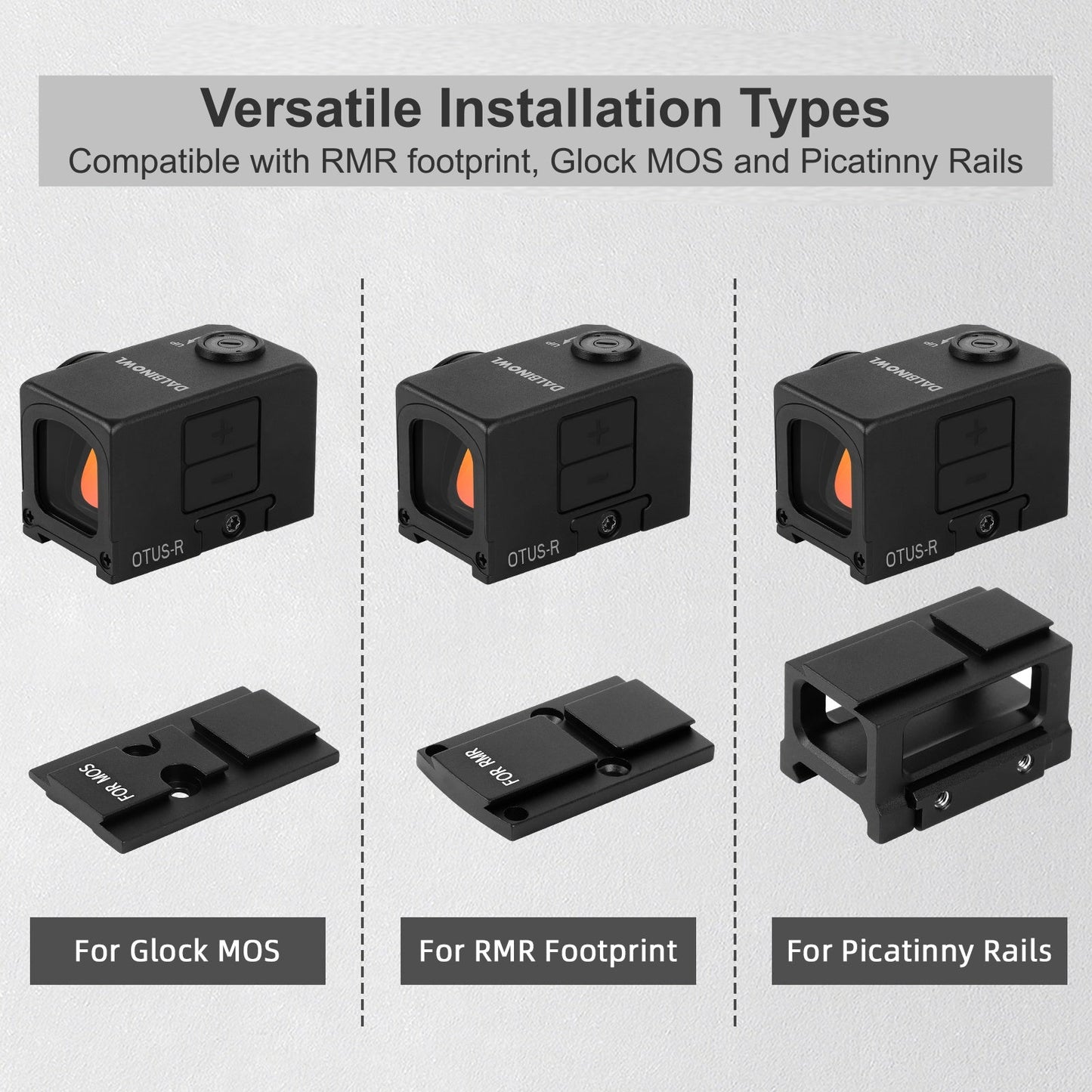 DALBINOWL OTUS - R Enclosed Red Dot Sights for ACRO Footprint - Motion Awake - 3 MOA Closed Emitter Reflex Sight - with Adapter Plates for RMR Footprint & Glock MOS & Picatinny Rails - Dalbinowl Optic