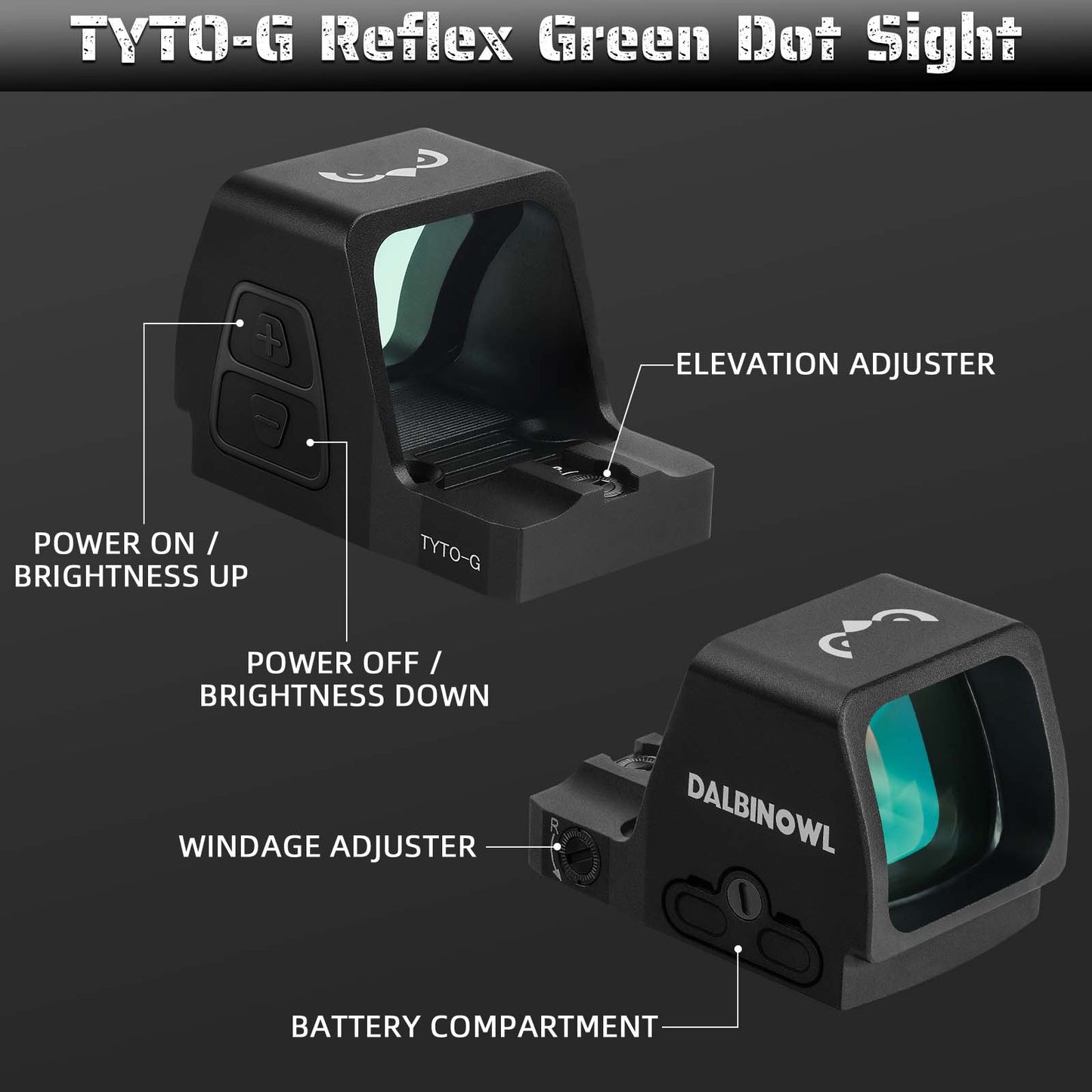 Dalbinowl TYTO - G Green Dot Sight for RMR Footprint Motion Awake 2.5 MOA Open Reflex Sight Aluminum Pistol Optic for Full - Sized Handguns - Dalbinowl Optic